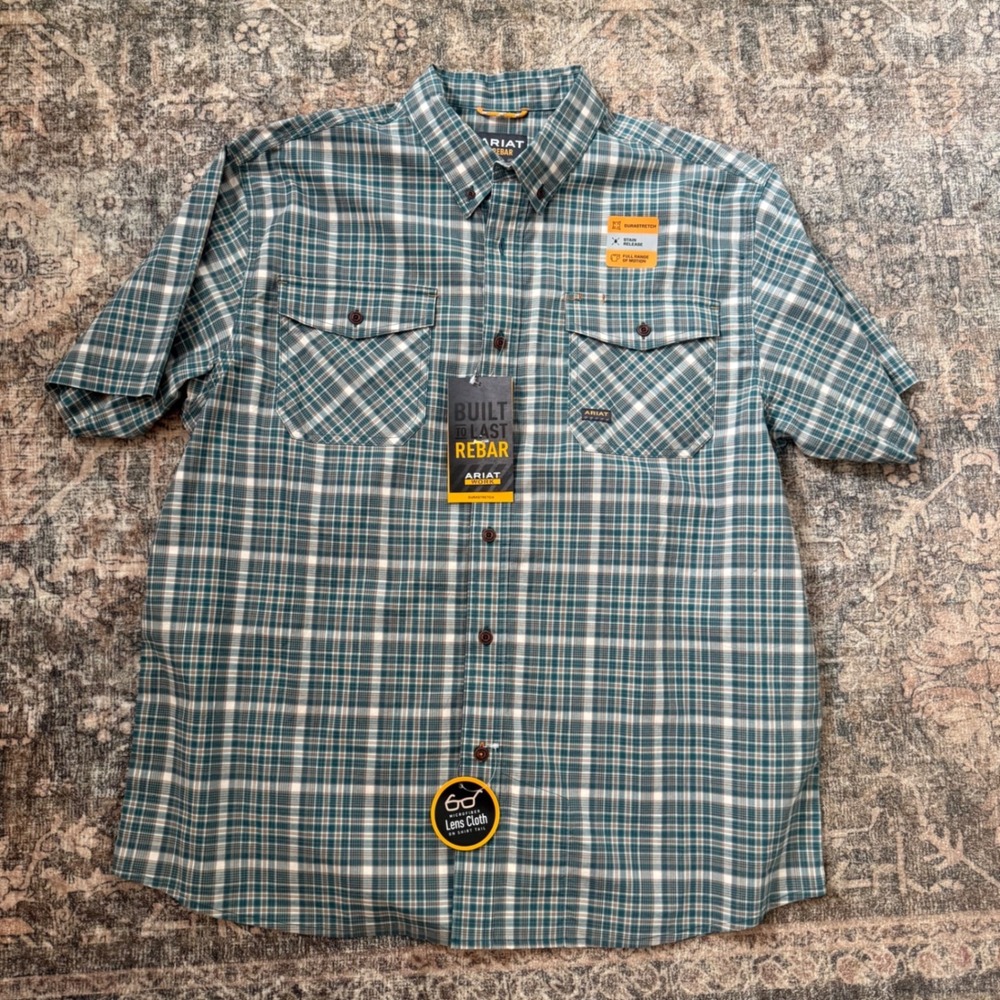Ariat Rebar Mens XL Short Sleeve DuraStretch Plaid Work Shirt Teal White NWT